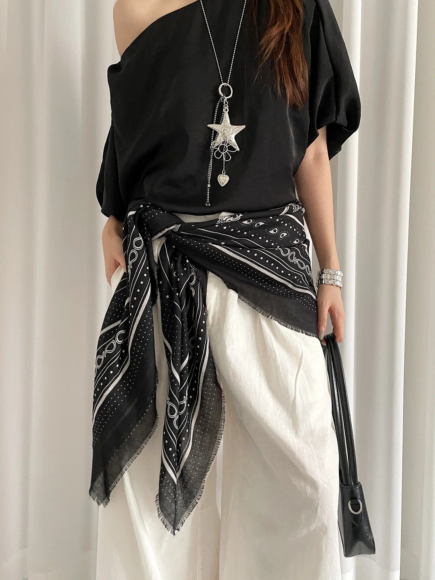 Retro Black Printed Petticoat Scarf Korean Lazy Style Thin Shawl Small Neck Scarf Accessory Belt