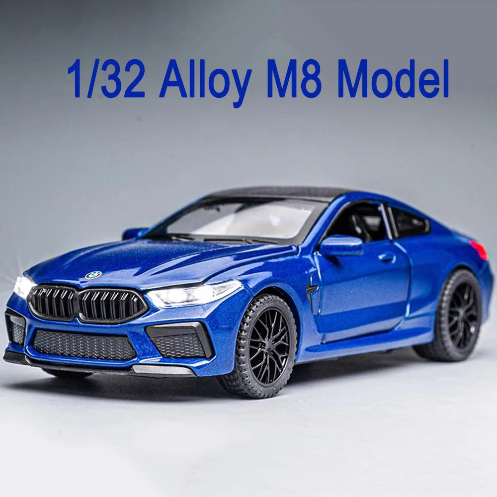 1/32 M8 Miniature Alloy Diecast Toys Car Model Sports Cars 4 Door Can Opened Sound Light Pull Back Vehicle Kids Festival Gift