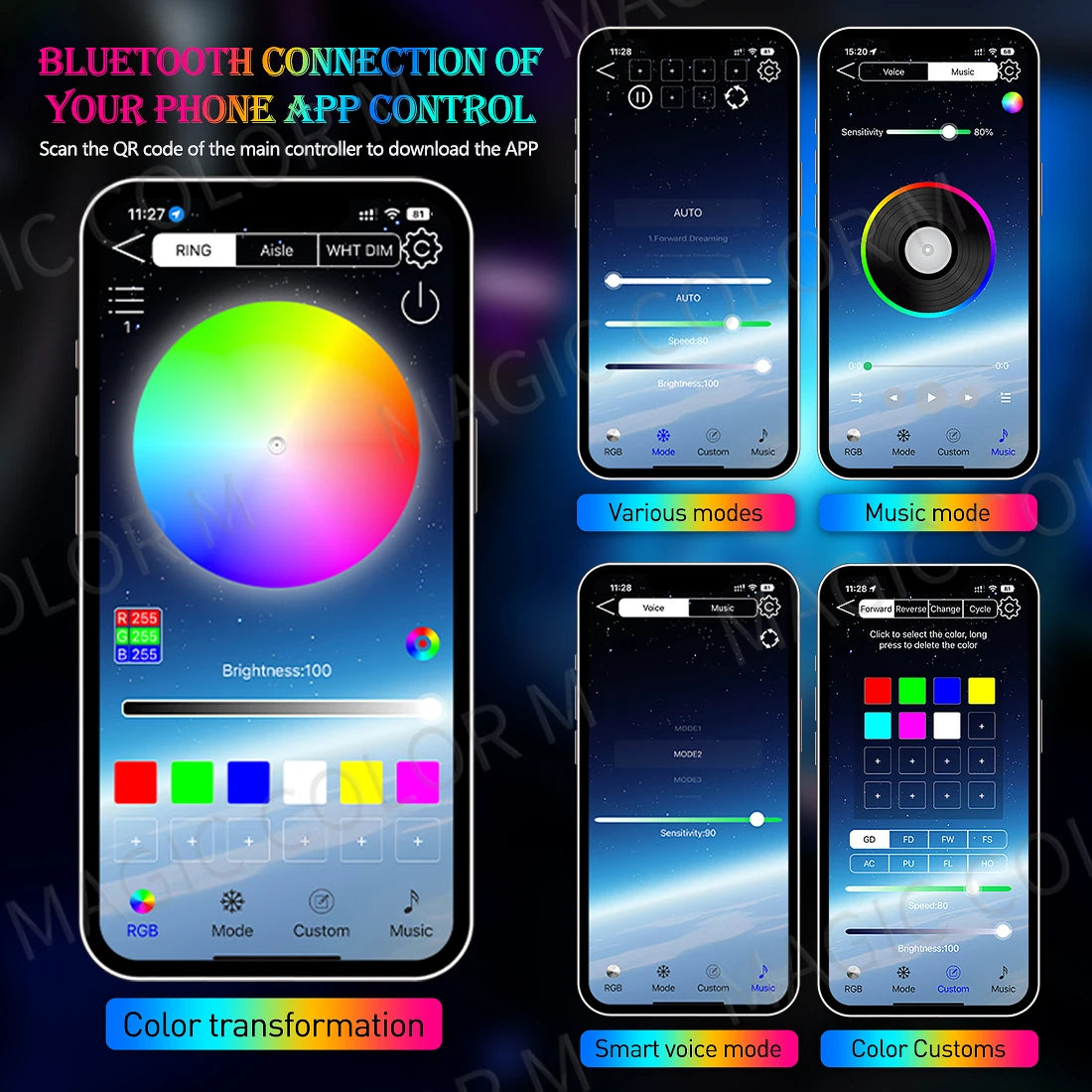 140cm 55.12" Car Ambient Light LED Symphony RGB Interior Acrylic Strips Dashboard Decoration Console Atmosphere Lamp App Control