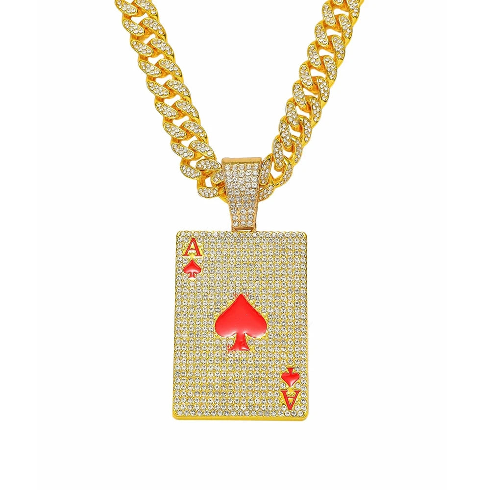 Men Women Hip Hop Poker Pendant Necklace with 13mm Cuban Chain Hiphop Iced Out Red Peach A Necklaces Fashion Punk Jewelry Gifts