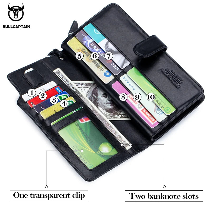 BULLCAPTAIN Men's Genuine Leather Wallet RFID Function Can Place 6.5-inch Mobile Handbag High Quality Multi Card Long Wallet