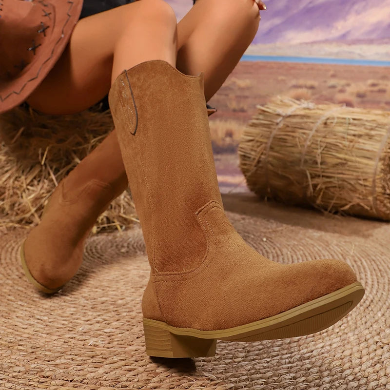 2025 Vintage Embroidery Western Boots Women Plus Size 36-43 Thick Heels Mid Calf Boots Woman Autumn Winter Slip On Cowgirl Botas