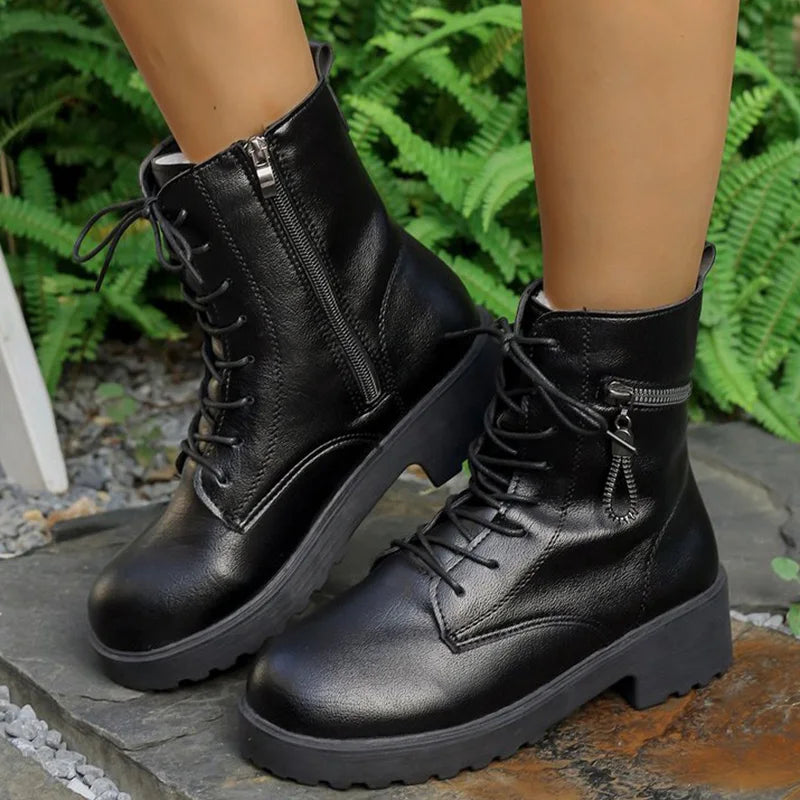Black Pu Leather Modern Boots for Women Autumn Winter Lace Up Platform Ankle Boots Woman Zipper Short Plush Booties Female
