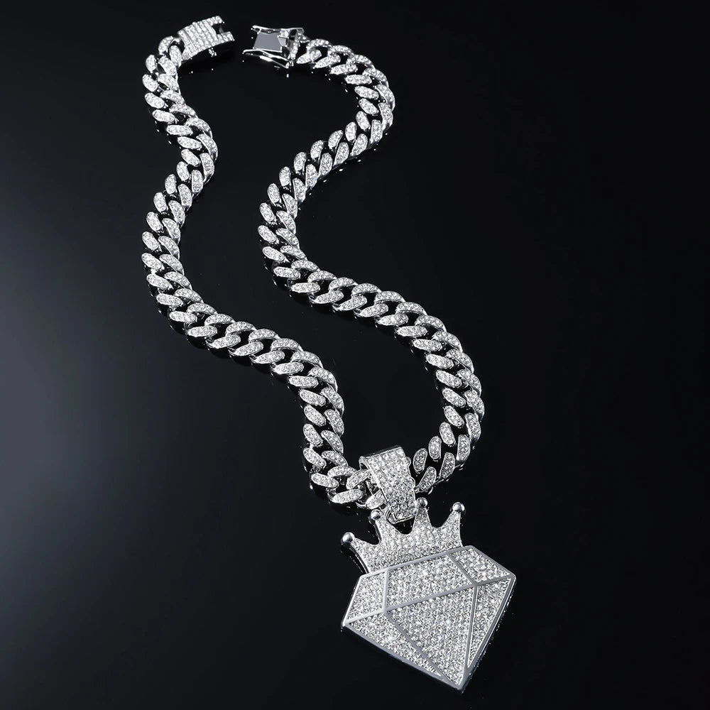 Hip Hop Iced Out Crown Pendant Necklace With 13mm Rhinestone Cuban Chain Bling Necklaces Men Women Fashion Charm Jewelry Gift