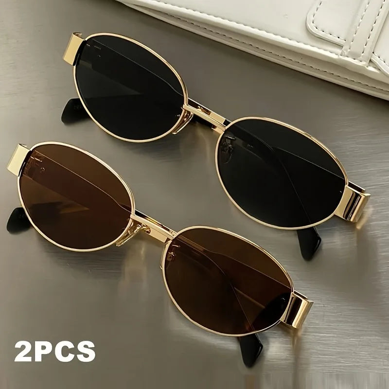 2 Pairs of Summer Fashionable Oval Metal Frame Glasses Unisex Suitable for Daily Wear and Trendy Photography