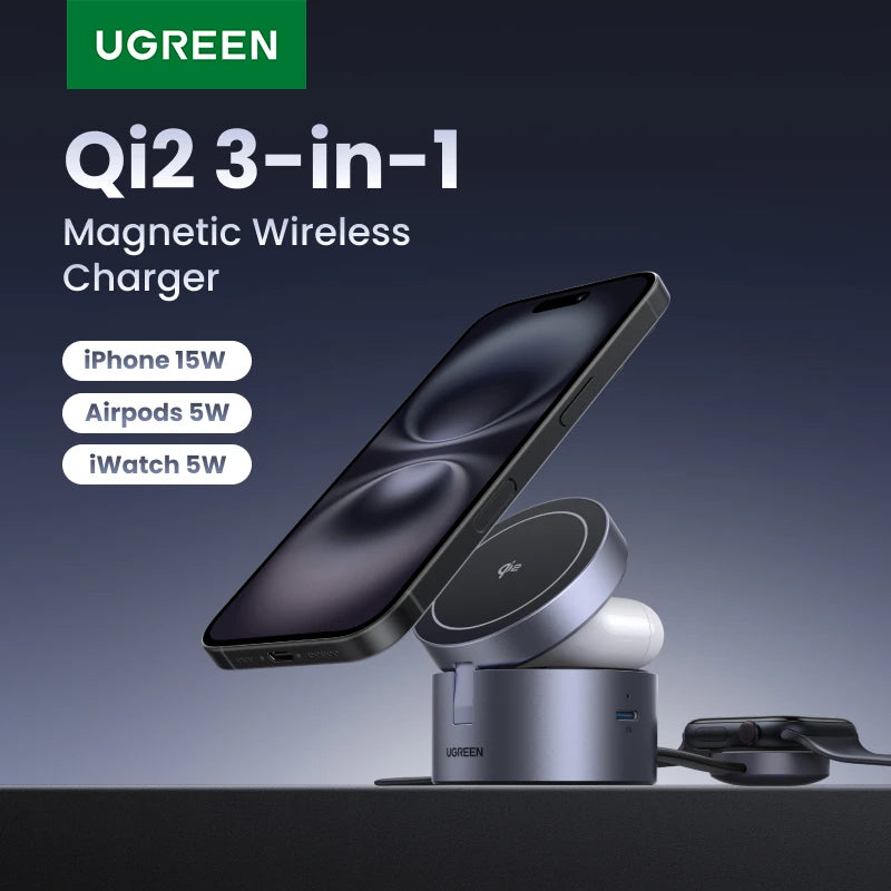 Qi2 15W Magnetic Fast Wireless Charger 3in1 Stand iPhone 15 16 Pro Max/AirPods