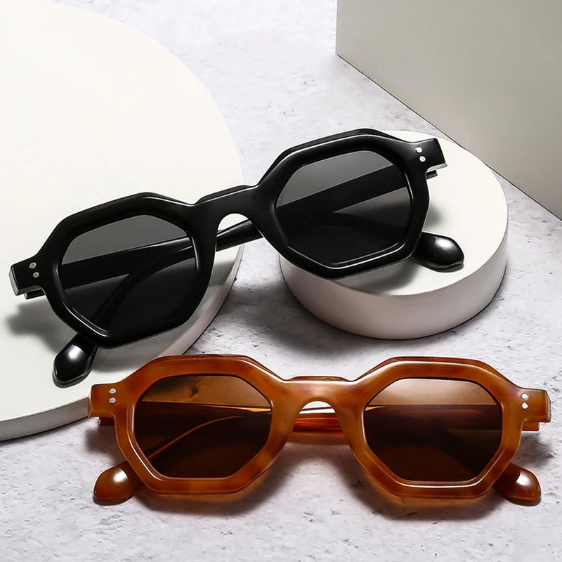 JNPCXI New Fashion Polygon Small Square Women Sunglasses Retro Rivets Men Leopard Blue Shades UV400 Trending Sun Glasses