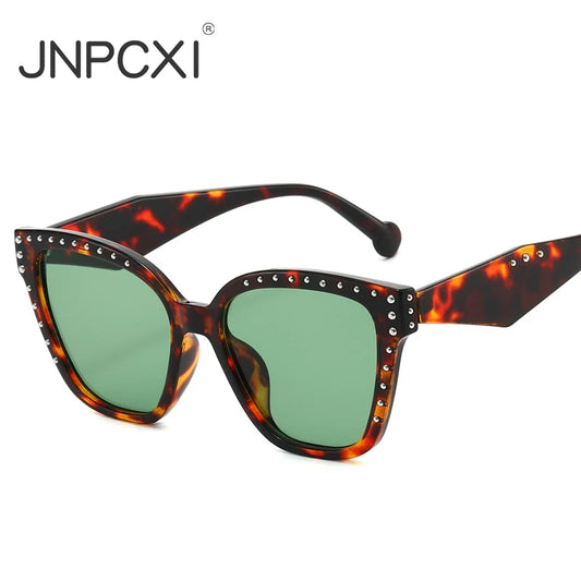 JNPCXI New Square Women Sunglasses Shades UV400 Fashion Clear Lens Frame Retro Rivet Men Leopard Green Sun Glasses