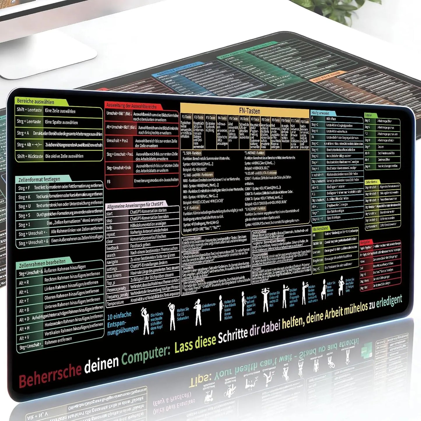 German Excel Mouse Pad XXL Desk Mat with Shortcuts for Excel, Word, PPT & Windows, Non-Slip Mouse Mat for Office Increases Speed