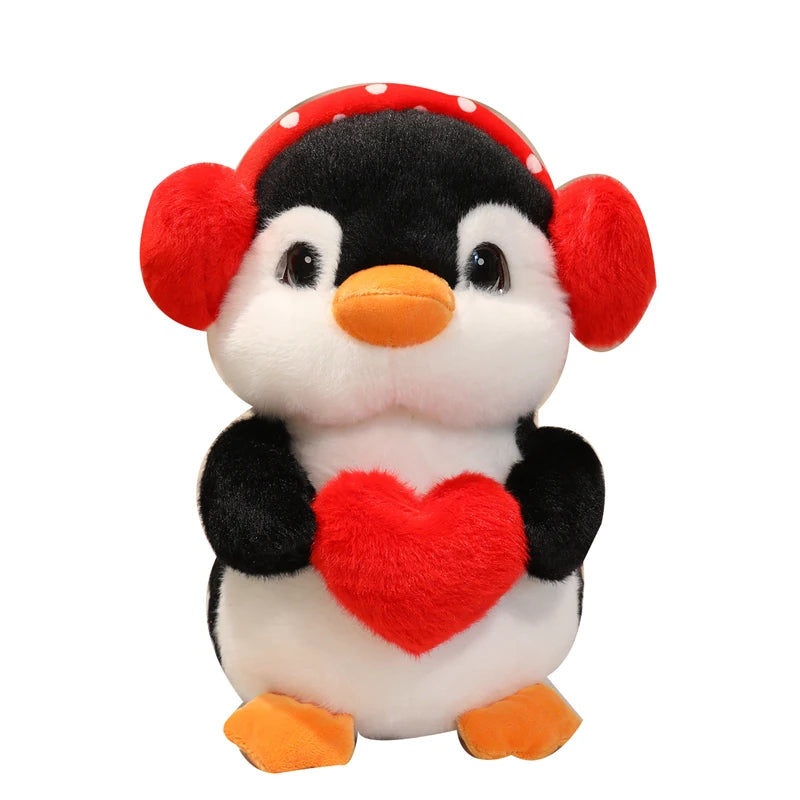 Cute Standing Earphone Penguin Doll Stuffed Holding Red Heart Say Love Cartoon Animal Toy Standing Plushie Birthday Gift