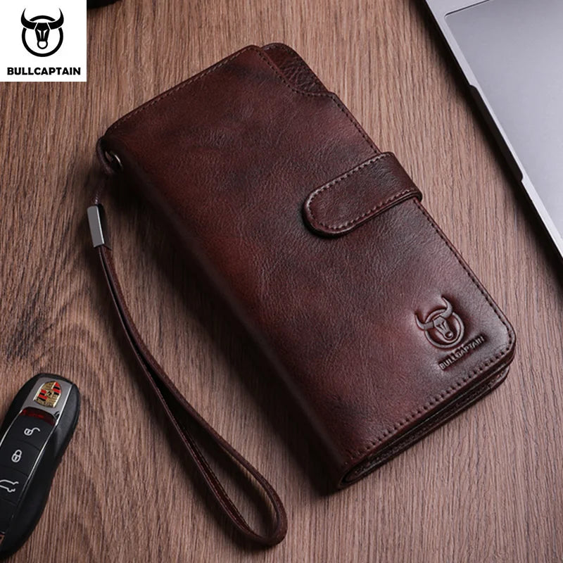 BULLCAPTAIN Men's Genuine Leather Wallet RFID Function Can Place 6.5-inch Mobile Handbag High Quality Multi Card Long Wallet