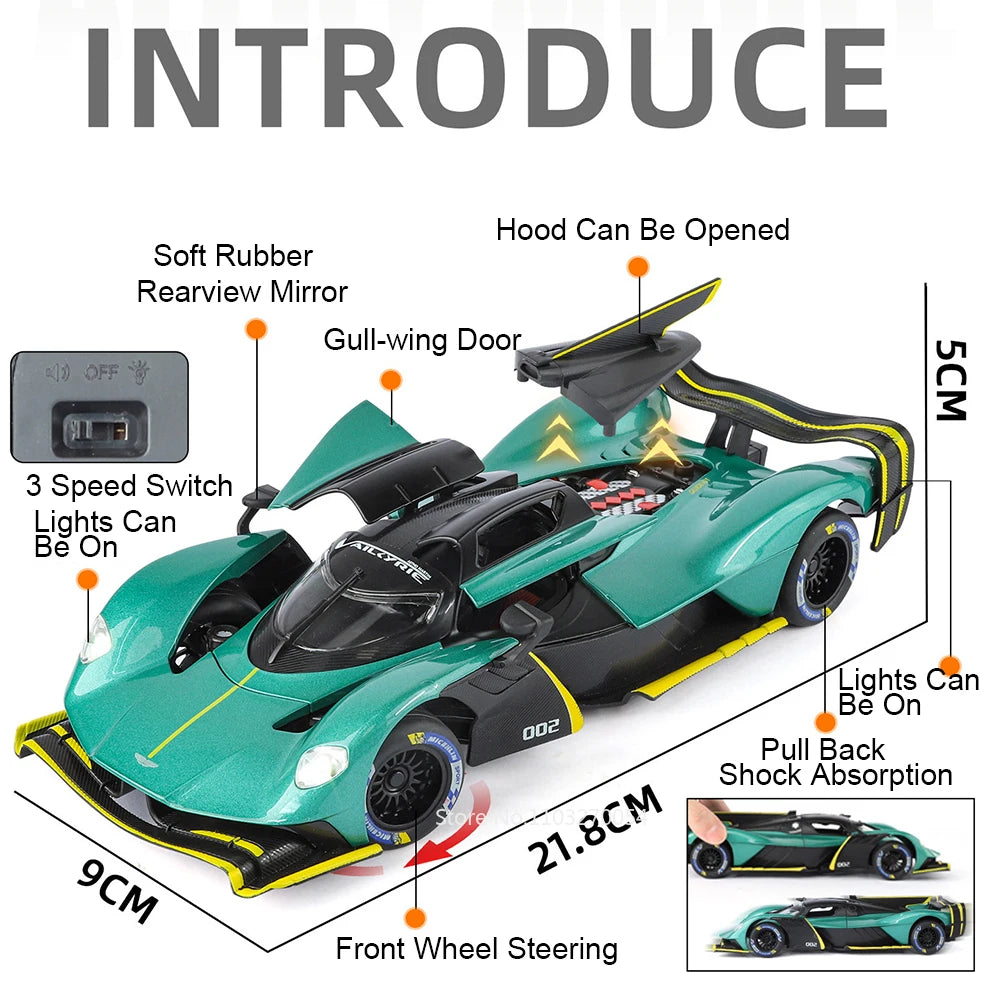 1:24 Valkyrie P1 Alloy Diecast Sports Car Miniature Model Toys Car Four Wheel Suspension Sound Light Pull Back Vehice Boy's Gift