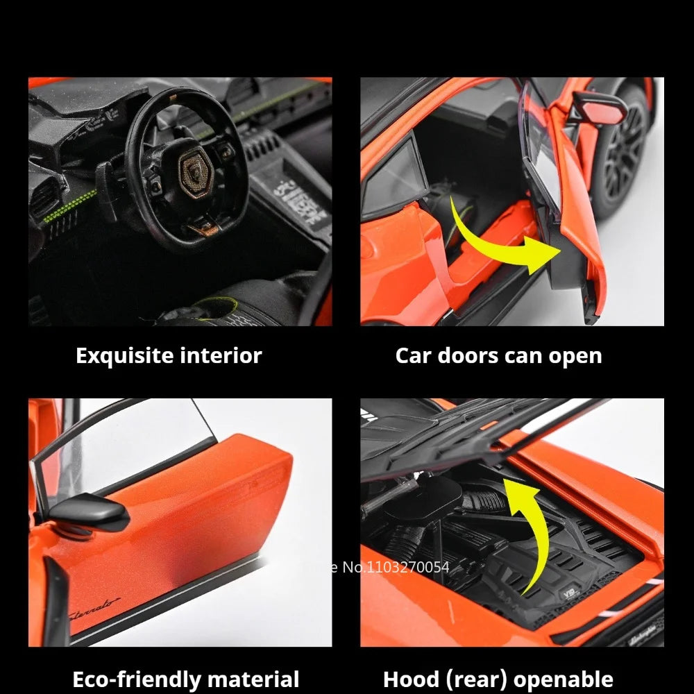 1:32 Huracán SVJ63 Alloy Sportscar Toys Diecast Model Rubber Tires Doors Opened Pull Back Miniature Vehices for Boy Fashion Gift