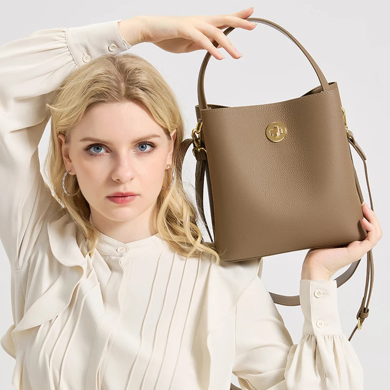 Women's Top grain Leather Handbag Female Large Capacity Bucket Bag Cowhide Genuine Leather Soft Tote Crossbody shoulder Bag