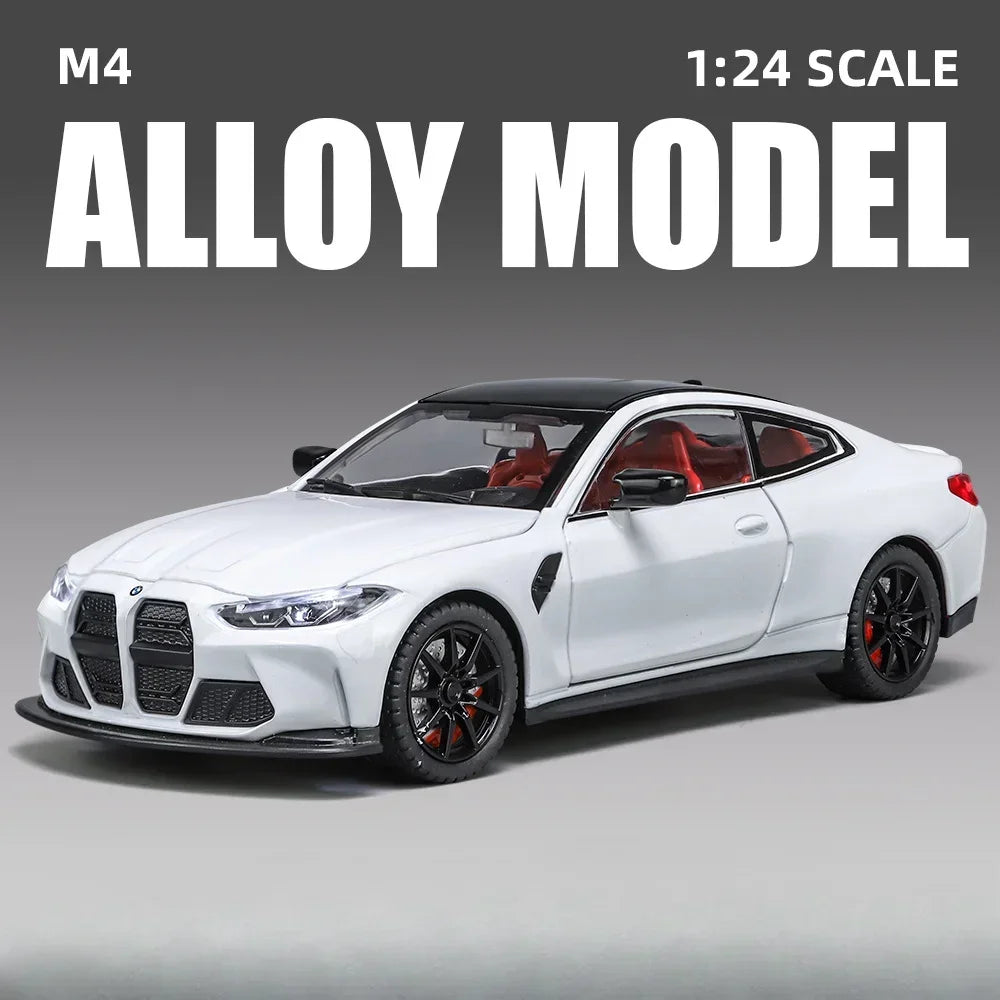 Scale 1/24 M4 Car Model Toy Diecast Alloy Vehicle 4 Doors Opened Metal Body Rubber Tire Sound Light Pull Back Toys Gift for Kids