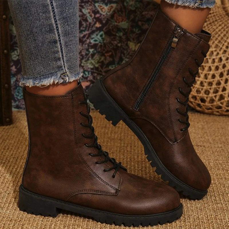 British Solid Zip Ankle Boots for Woman Autumn Winter Round Toe Lace-Up Short Boots Women Pu Leather Shoes Boties Lady