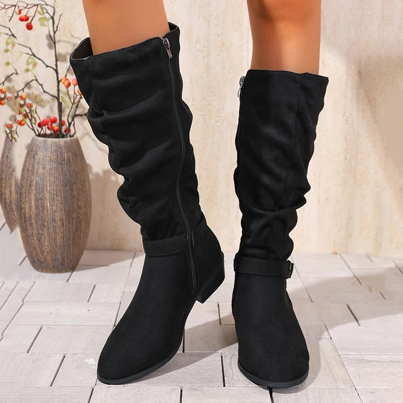 Pleated Design Block Heel Knee High Boots Women Plus Size 36-42 Zipper Long Boots Woman 2025 Fashion Buckle Flock Botas Mujer
