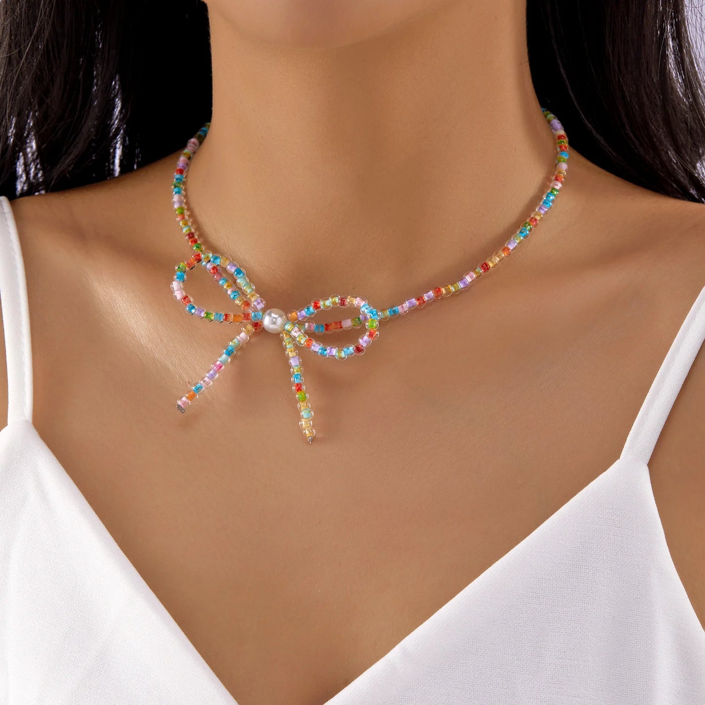 Elegant Fashion Bowknot Pearl Choker Necklace for Women Girl Cute Romantic Handmade Colorful Beads Collarbone Chain Jewelry Gift