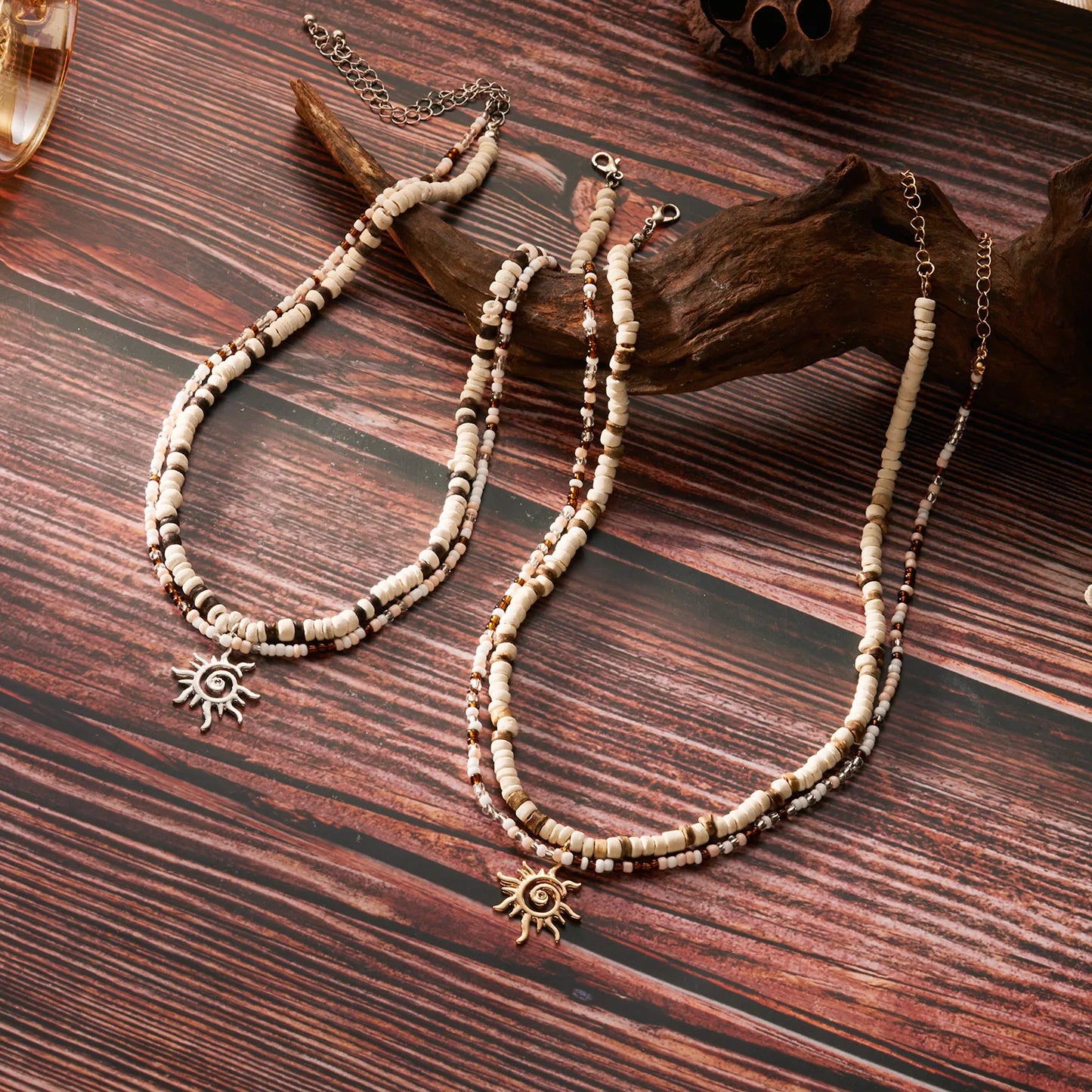 2pcs Boho Coconut Wood Beads Sun Pendant Necklace for Women Ethnic Style Rice Beads Statement Necklace Summer Beach Jewelry Gift