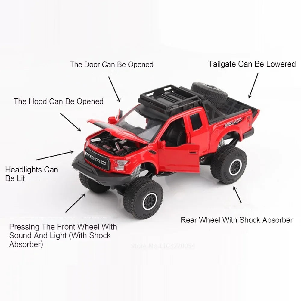 Scale 1/32 Raptor F150 Cars Model Toys Diecast Alloy Pickup Metal Body Rubber Tires with Sound Light Vehicles Toy Gifts for Kids