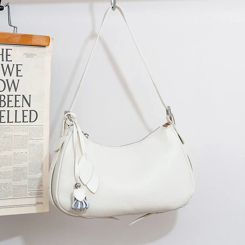 Genuine Cowhide Leather Slouchy Hobo Shoulder Bag for Women Pebbled Leather Crossbody Bag with Tassel Charm Luxury Designer Bag