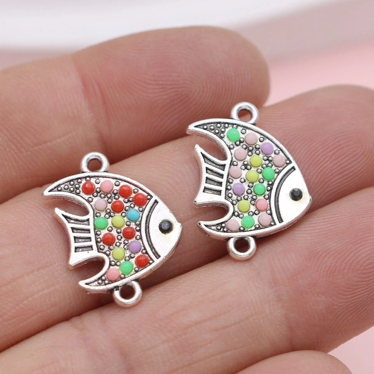10Pcs Antique Silver Plated Colorful Crystal Fish Charm Connectors for Jewelry Making Bracelet Accessories DIY Craft
