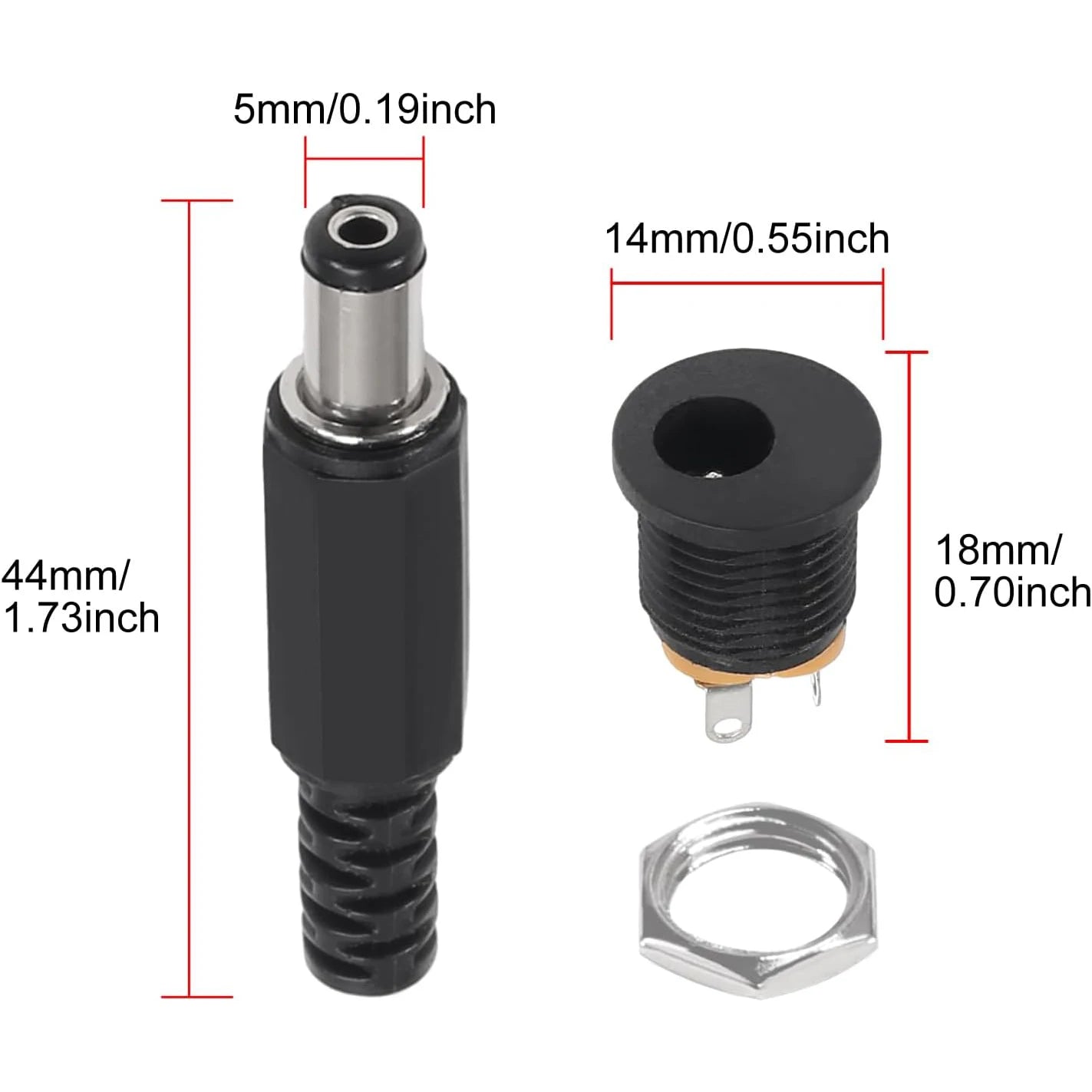20Pair 12V 3A 5.5x2.1mm DC Power Male Plugs Connector DC Power Socket Female Jack Screw Nut Panel Mount Adapter 5.5 * 2.1mm