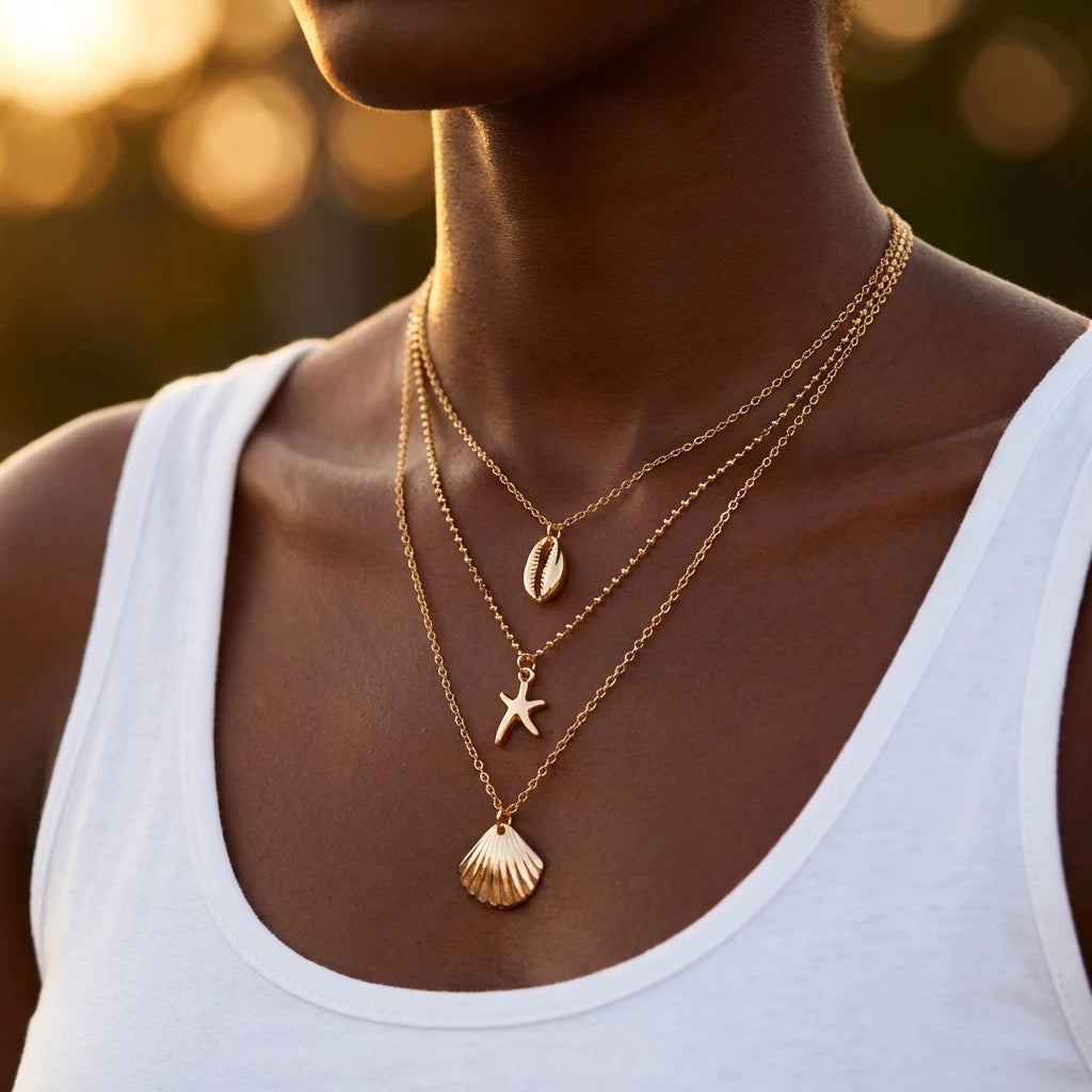 Boho Multilayer Gold Color Chain Necklace Dainty Starfish Shell Pendant Necklace for Women Summer Beach Vacation Jewelry Gift