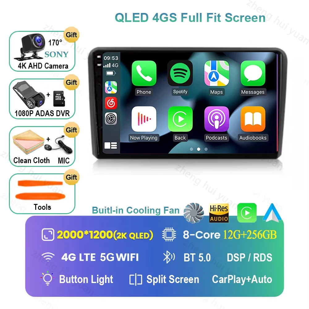 For Audi A3 8P 2003 2004 - 2013 Android 16 GPS WIFI 4G Carplay&Auto Car Radio Navigation QLED Multimedia Stereo Player BT