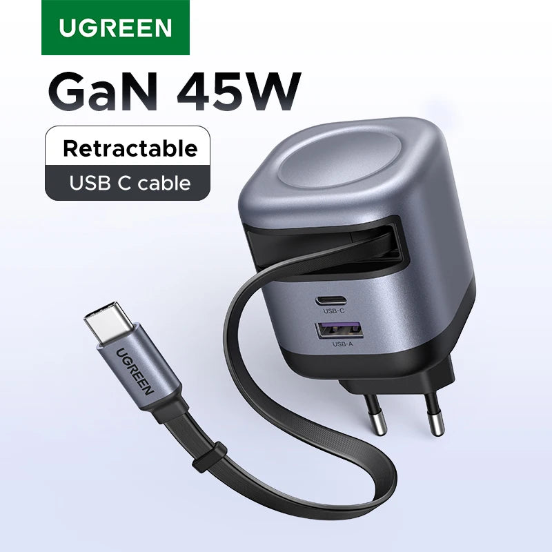 45W GaN Retractable Cable Charger UFCS PPS QC PD 3.0 iPhone 16 15Pro Samsung S25
