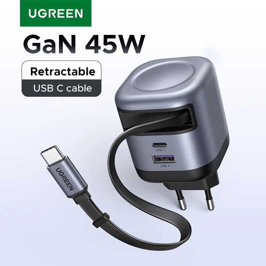 45W GaN Retractable Cable Charger UFCS PPS QC PD 3.0 iPhone 16 15Pro Samsung S25