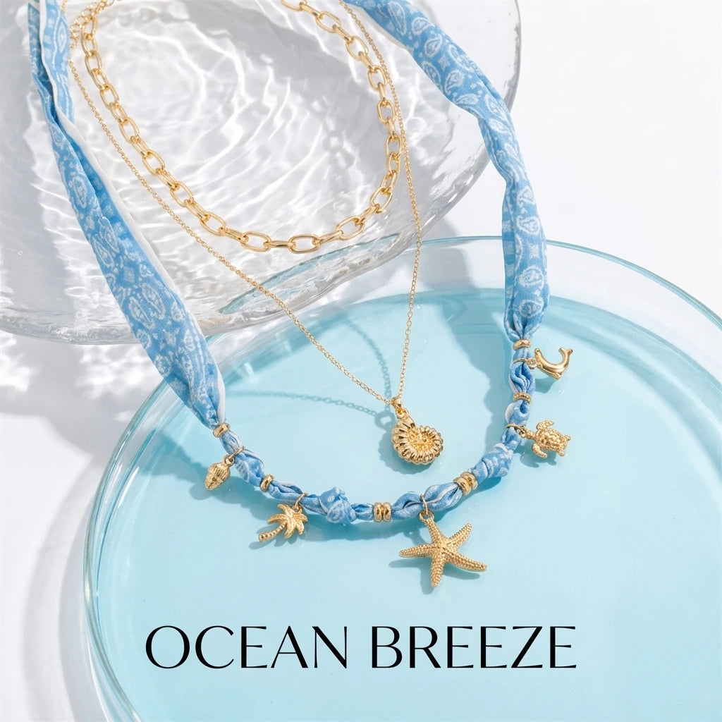 3Pcs Vacation Style Sun Shell Pendant Necklace Set Boho Ribbon Scarf Choker Layered Chain Summer Beach Jewelry Women