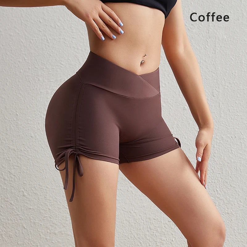 DIAS FIT JOY Women's Tight-Fitting Nylon Yoga Shorts Breathable Drawstring Sport Leggings Push-Up Short Tights for Yoga Pants
