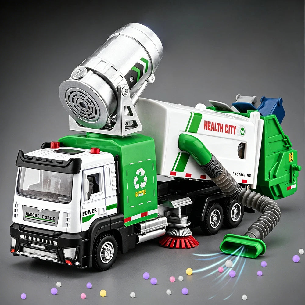 1:32 Vacuum Sweeper Vehicle Urban Anti Haze Truck Alloy Diecast Models Toys Car Rubber Tires Pull Back Vehices Gifts for Friends