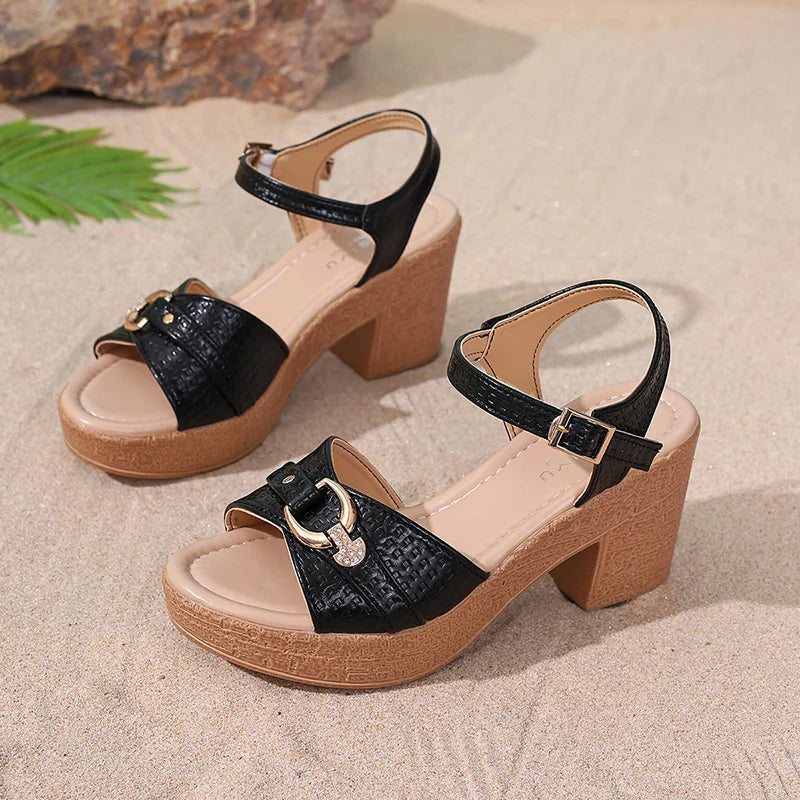 Summer White Thick High Heel Sandals Women Plus Size 42 Ankle Buckle Platform Sandles Woman Peep Toe Casual Sandalias Mujer