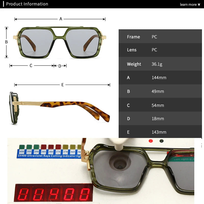 JNPCXI Ins Popular Fashion Double Bridges Square Sunglasses Women Retro Rivets Green Green Men Punk Sun Glasses Shades UV400