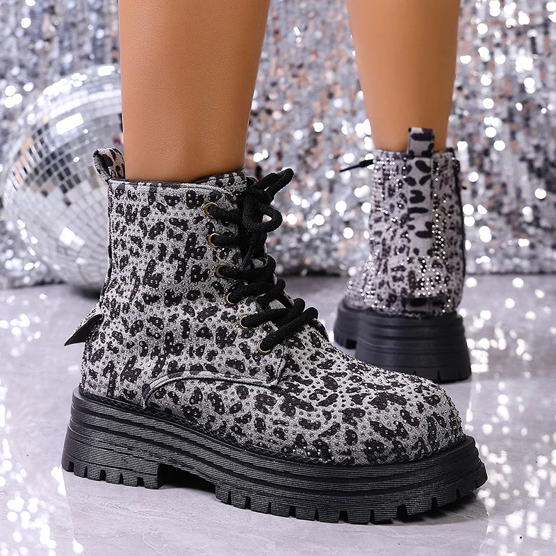 Fashion Leopard Print Platform Ankle Boots Women Lace Up Thick Sole Crystal Short Booties Mujer Round Toe Zipper Modern Boots