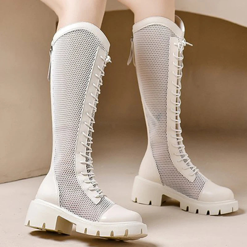 Fashion Breathable Mesh Boots for Woman Summer Solid Zipper Mid-Calf for Women Round Toe Lace Up High Heels Shoes Ladies
