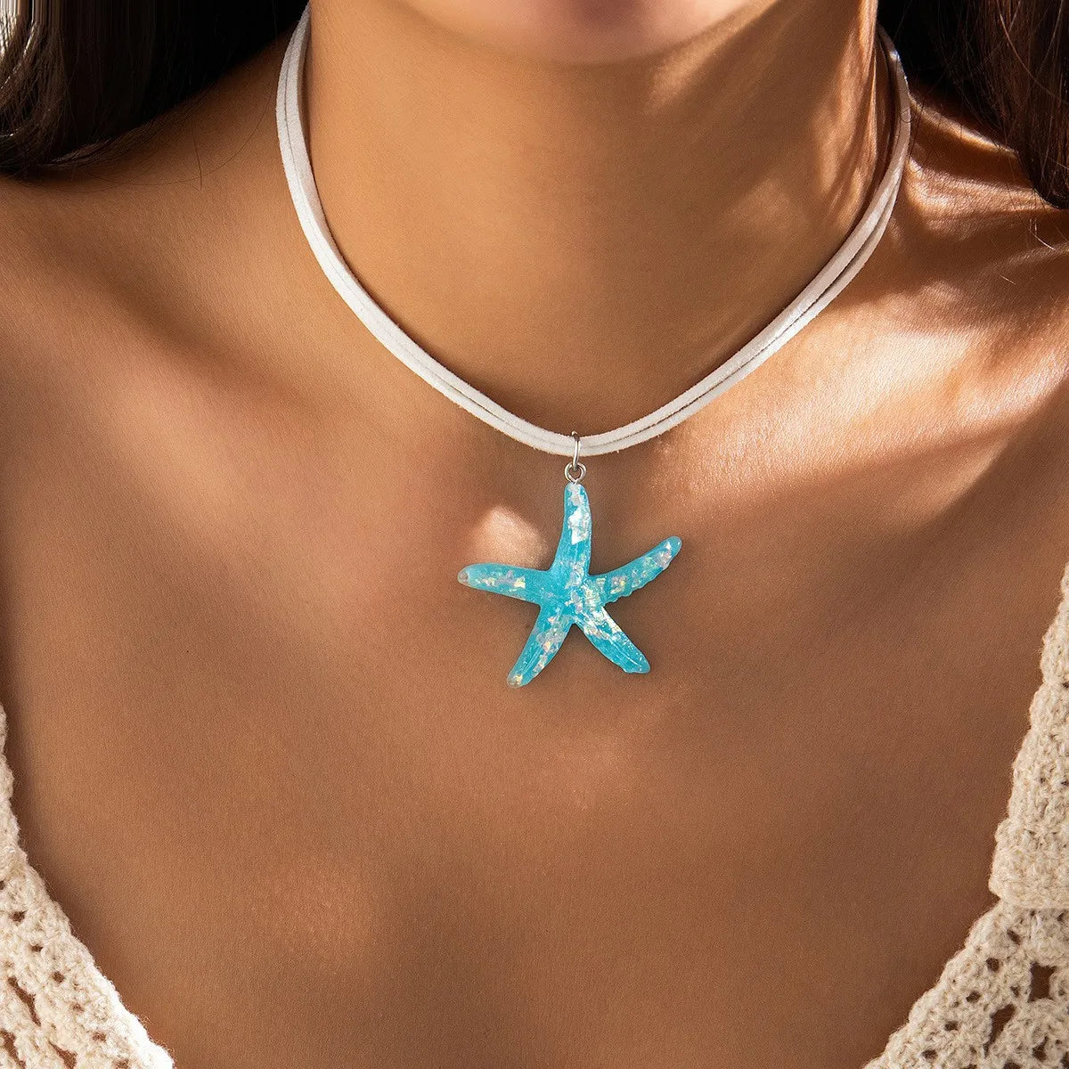 Fashion Exaggerated Large Starfish Pendant Necklace for Women Girls Boho Summer Beach White Rope Chain Choker Party Jewelry Gift