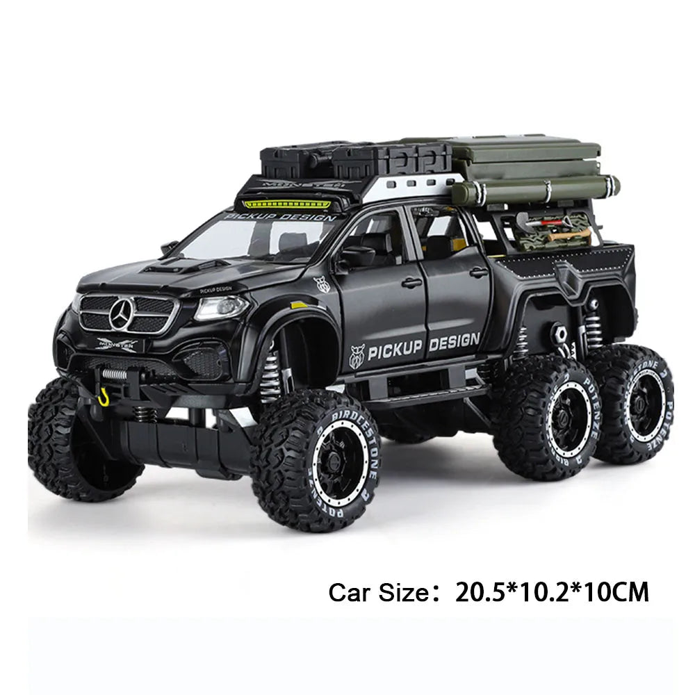 1:28 X-Class 6X6 Alloy Camping Car Model Toys Diecast Pickup Doors Opened with Sound Light Pull Back Vehices Boy's Birthday Gift
