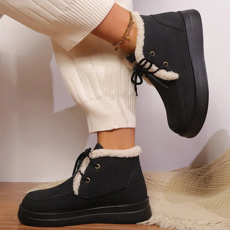 Retro Fleece Thick Warm Ankle Boots Women Lace Up Platform Snow Boots Woman Winter Pu Leather Short Plush Booties Female
