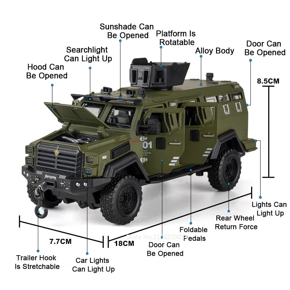 1:32 Alloy Sabertooth Armored Model Toys Diecast Metal Car Pull Back Police Car with Light Music Vehicle for Toddler Kids Gifts