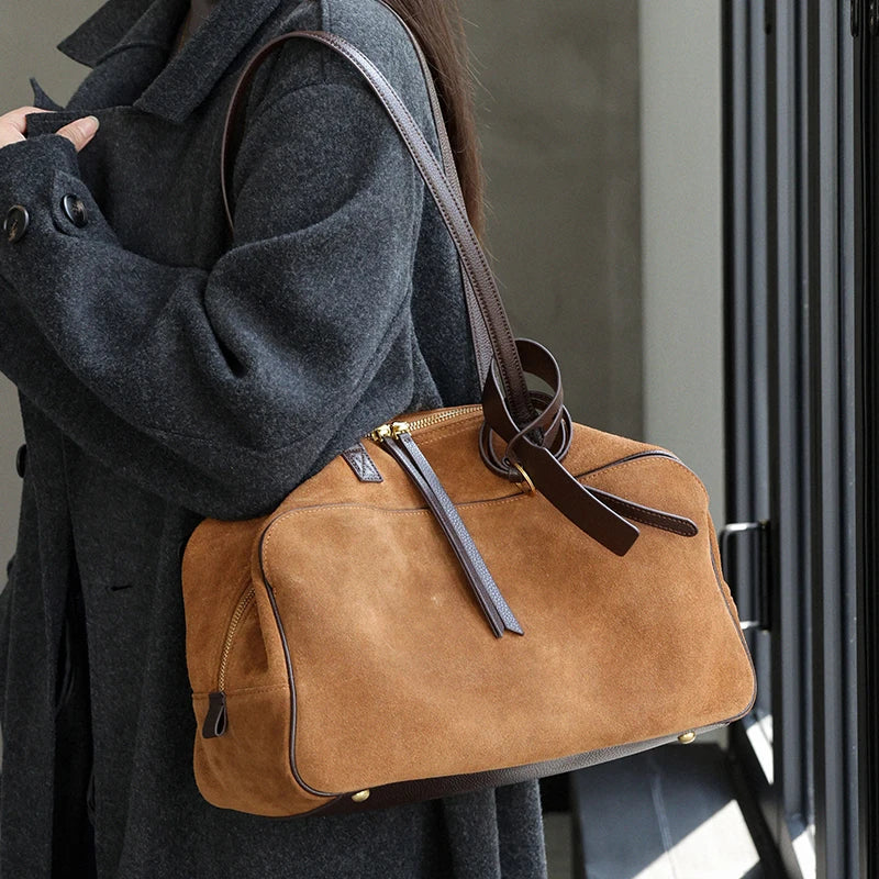Autumn winter Women's Cow Genuine Leather Tote Bag suede commuting Cowhide Handbags Large Capacity Designer Luxury velvet Bags