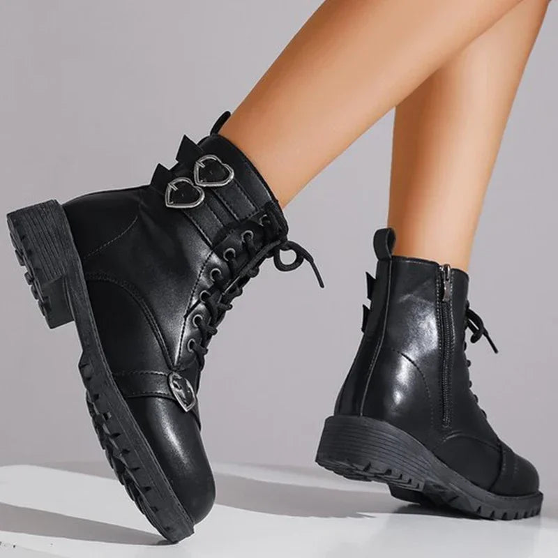 Metal Heart Buckle Ankle Boots for Woman Autumn Winter Lace Up Platform Short Boots Women Black Pu Leather Shoes Botas Mujer