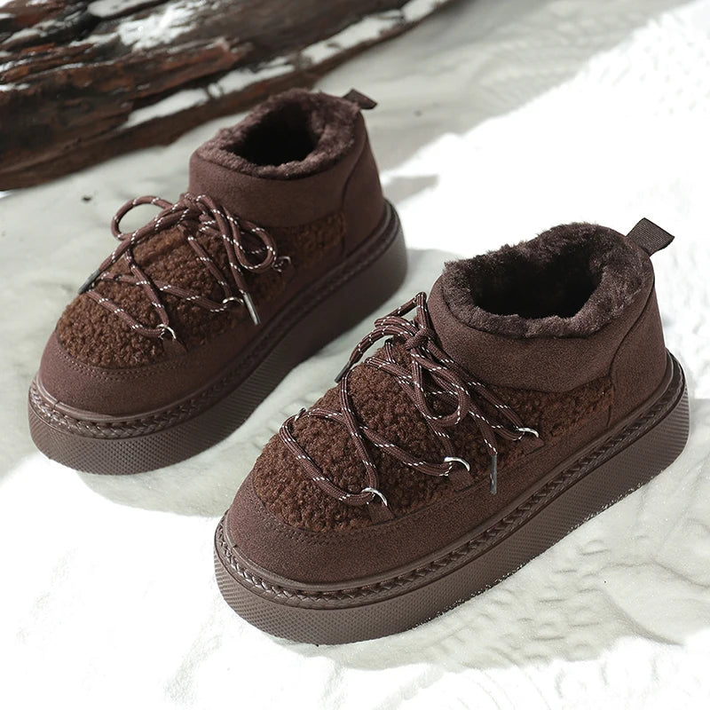 Fashion Lace Up Platform Snow Boots Women 2025 Thicken Plush Warm Winter Boots Woman Thick Sole Non Slip Cotton Padded Shoes