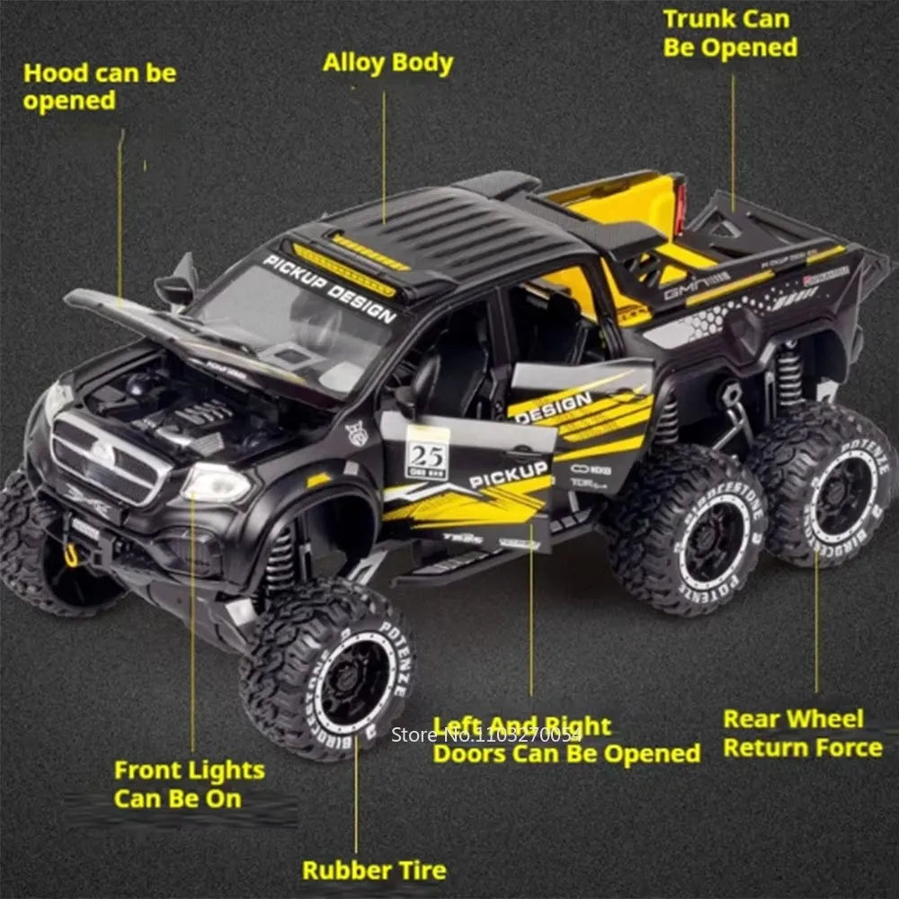 1:28 X-Class 6X6 Alloy Camping Car Model Toys Diecast Pickup Doors Opened with Sound Light Pull Back Vehices Boy's Birthday Gift