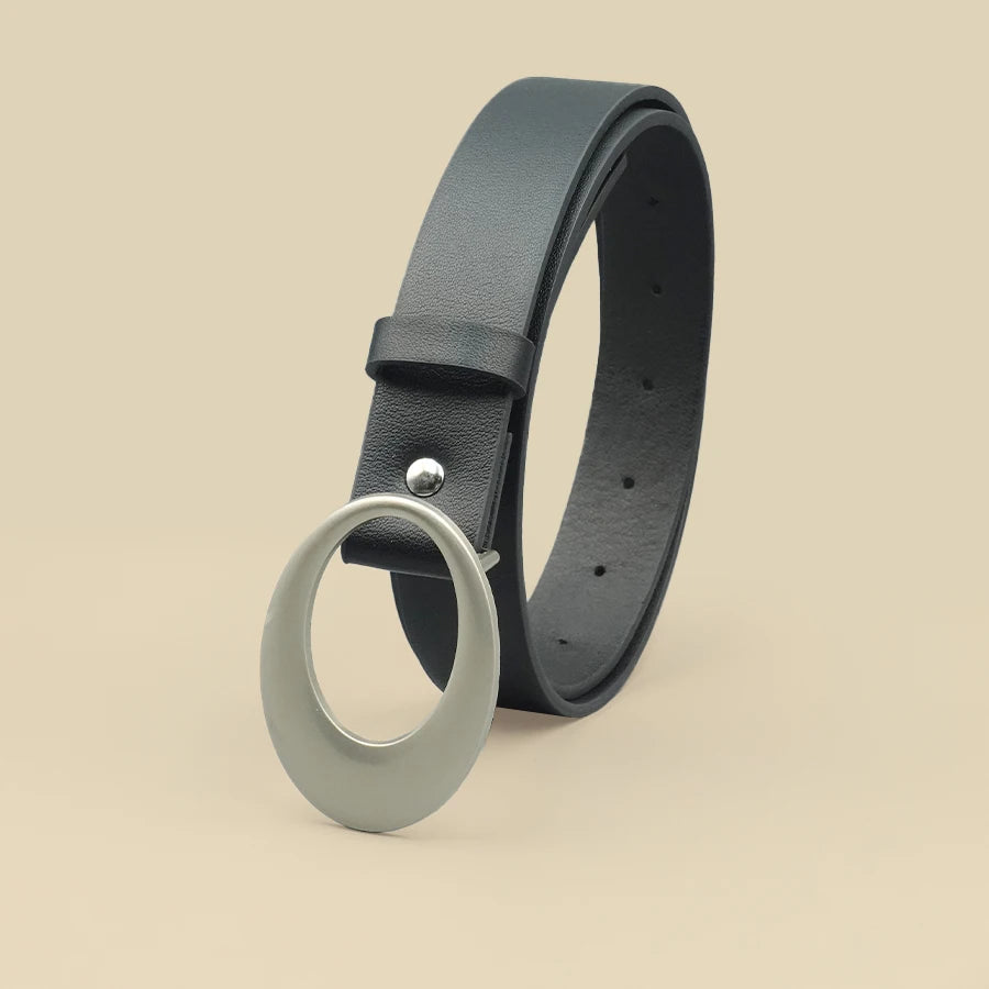 Black Casual Women's Belt, Oval Hollow Matte Buckle, Retro Pu Leather Fashionable Belt, Dress, Jeans, Shirt Accessories