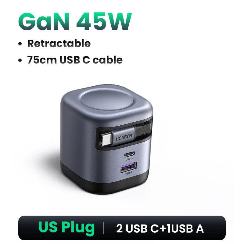 45W GaN Retractable Cable Charger UFCS PPS QC PD 3.0 iPhone 16 15Pro Samsung S25