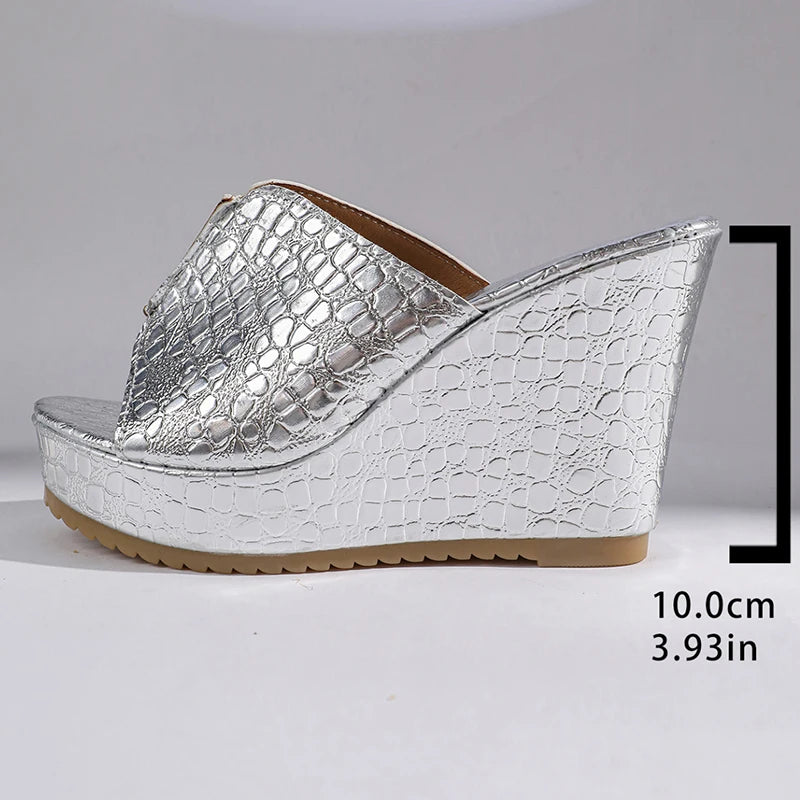 Women's Gold Wedges Sandals Summer 2026 Fashion Peep Toe Thick Platform Sandles Women Plus Size 42 Chunky Heels Slippers Woman