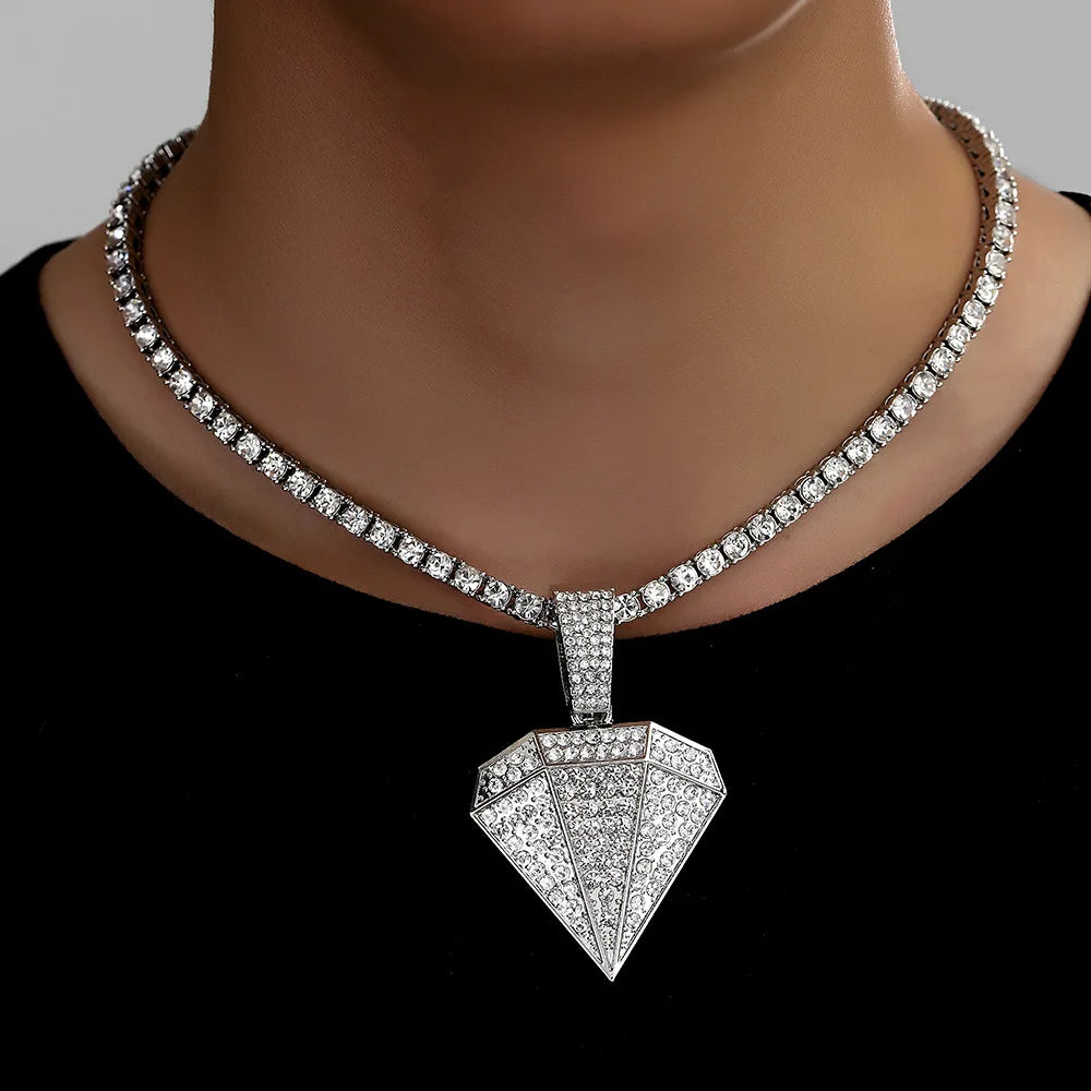 Men's Hip Hop Fashion Bling Big Triangle Pendant Necklace,With 4mm Rhinestone Tennis Chain Diamond Shape Necklaces Charm Jewelry